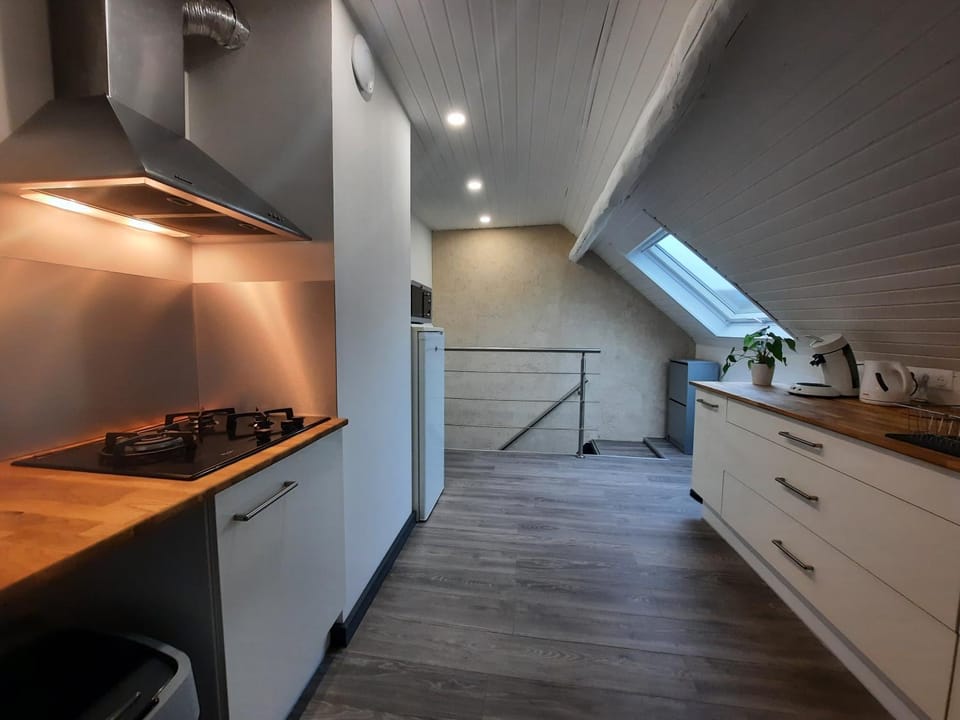 Kitchen or kitchenette, stove