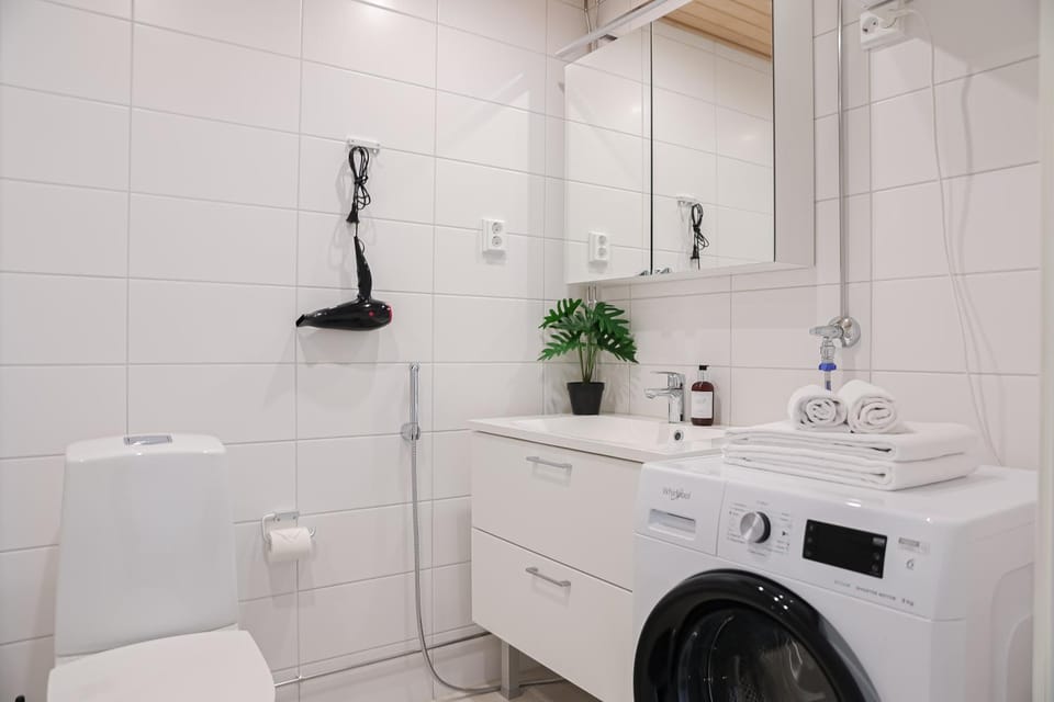 Toilet, Bathroom, towels, washing machine