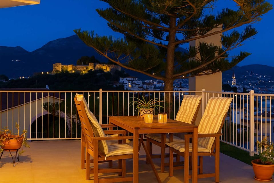 Patio, Night, Natural landscape, View (from property/room), Balcony/Terrace, Dining area, Mountain view, Sea view