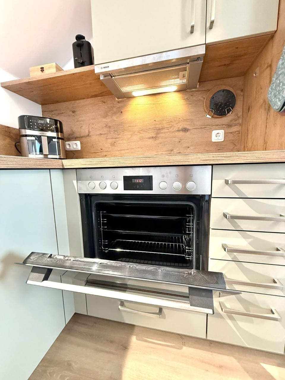 Kitchen or kitchenette, stove