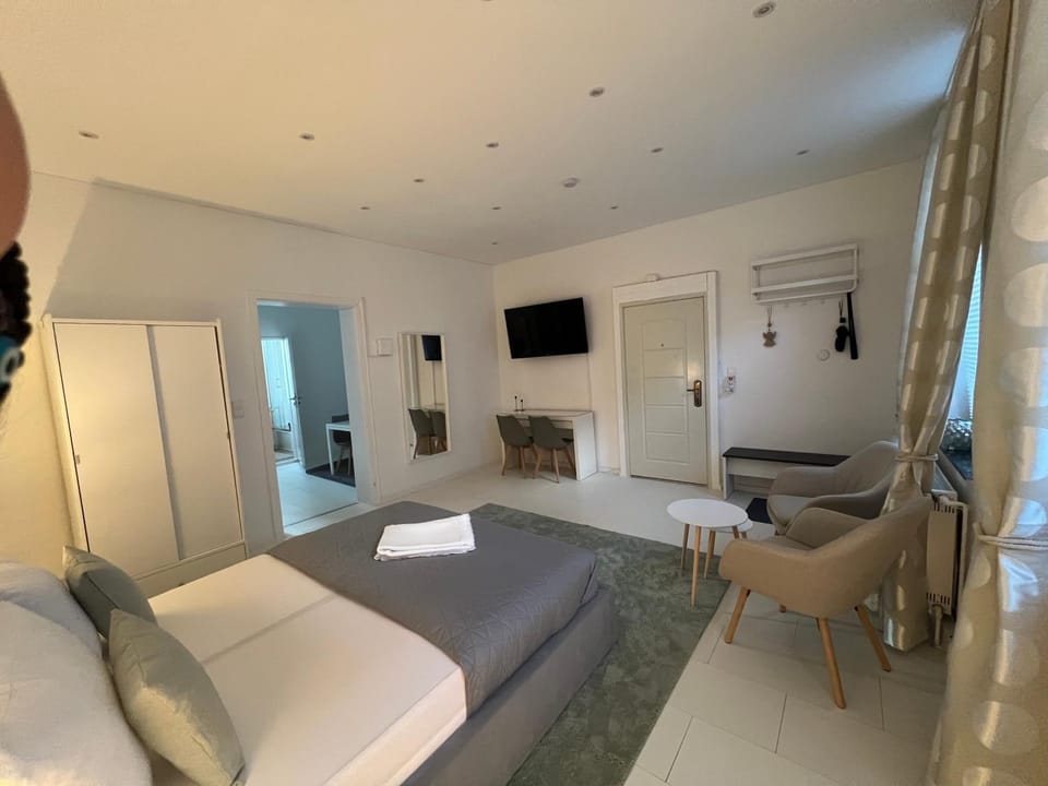 Bed, TV and multimedia, Living room, Seating area, Evening entertainment, Bedroom