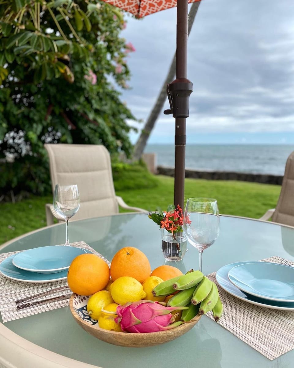 Patio, Natural landscape, Garden, Balcony/Terrace, Beach, Food, Meals, Breakfast, Sunset