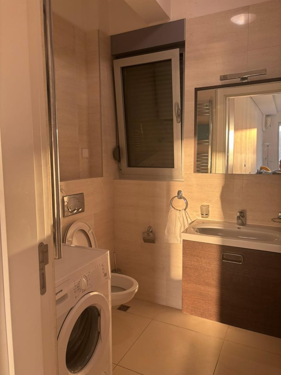 Shower, Toilet, Bathroom, towels, washing machine, dryer