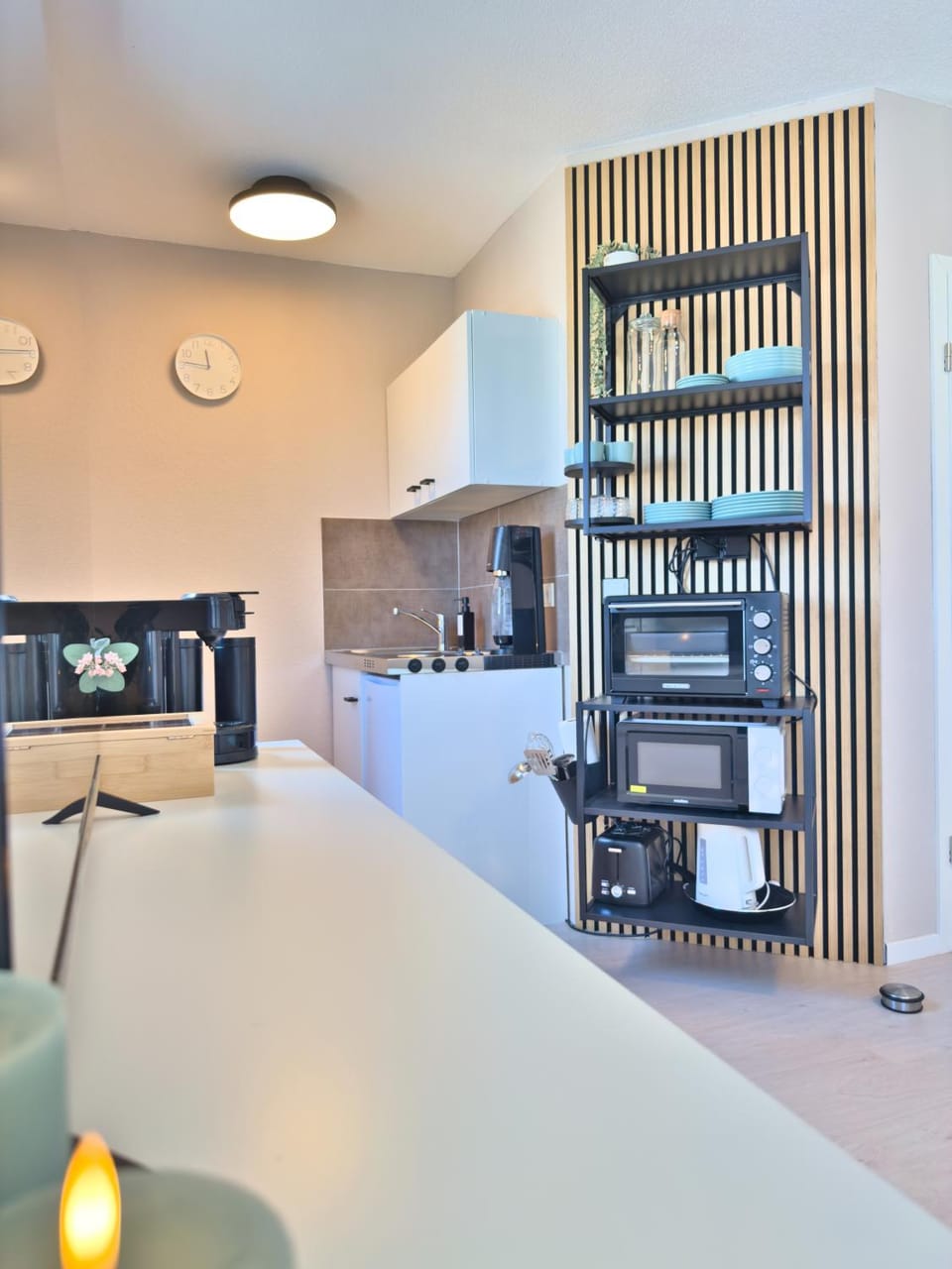 Kitchen or kitchenette, oven, stove, toaster