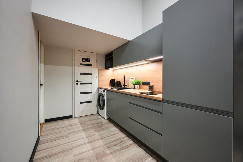 Kitchen or kitchenette, microwave, stove, washing machine