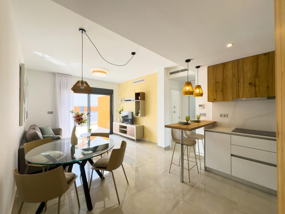Kitchen or kitchenette, Living room, Seating area, Dining area, stove