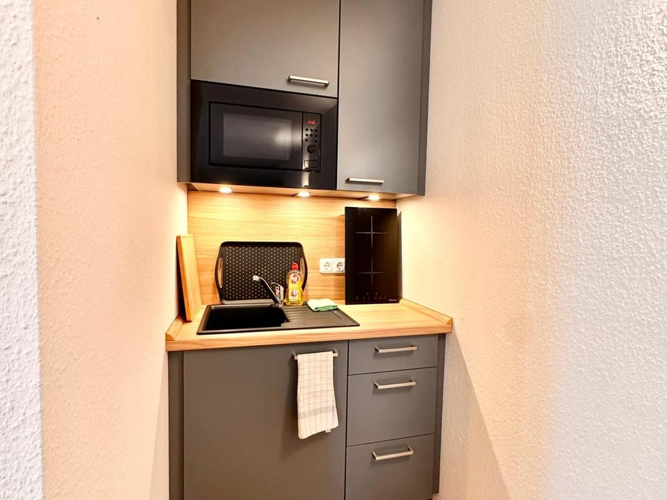 Kitchen or kitchenette, microwave, stove, toaster