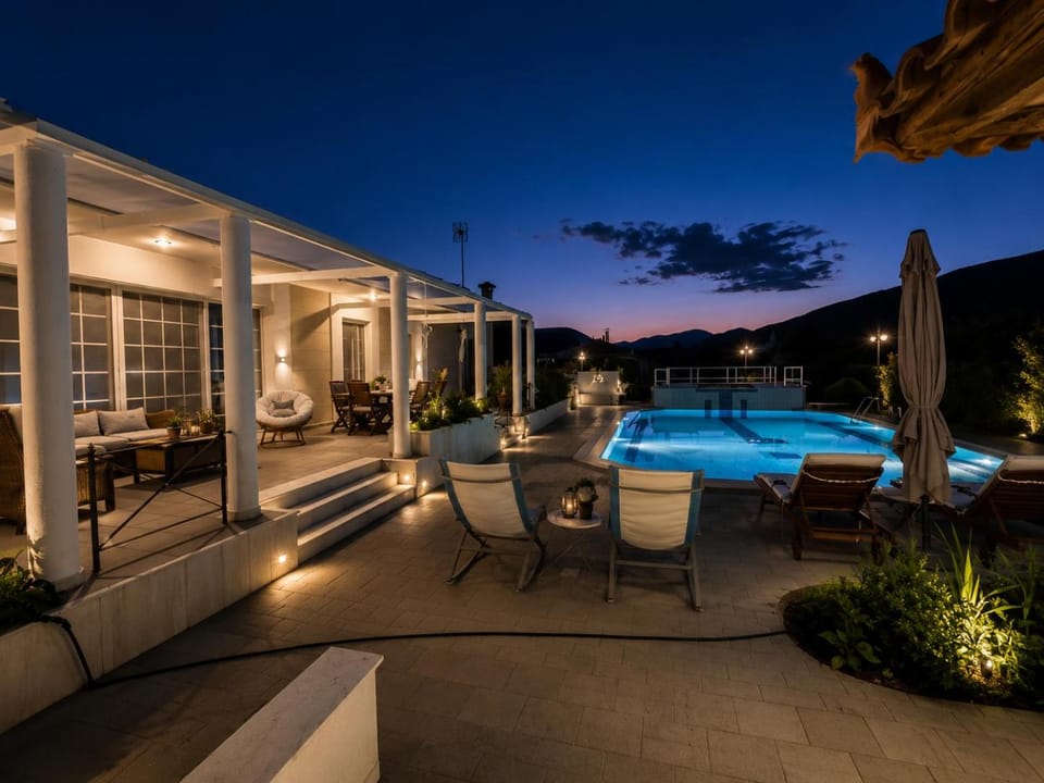 Property building, Patio, Night, Natural landscape, View (from property/room), Balcony/Terrace, Pool view, Swimming pool, sunbed