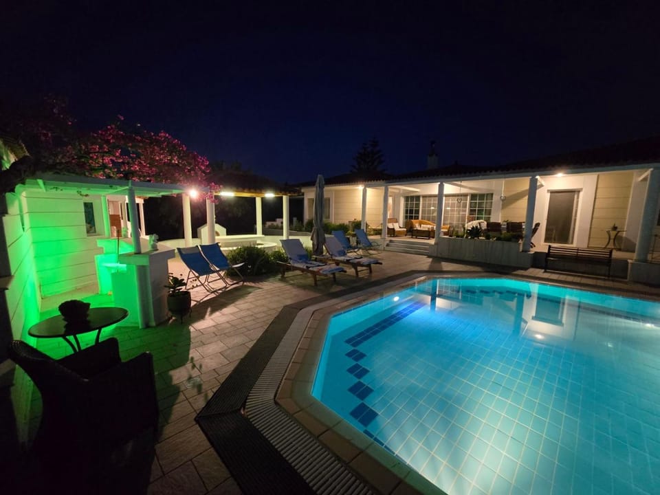 Patio, Night, Natural landscape, Pool view, Swimming pool, Swimming pool, sunbed