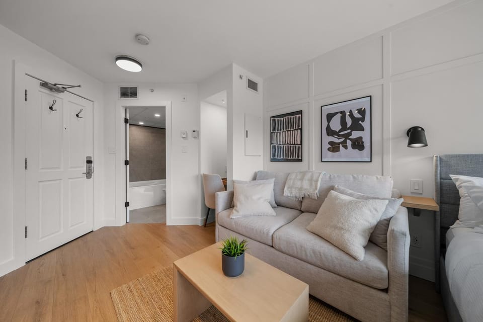 Bed, Living room, Seating area
