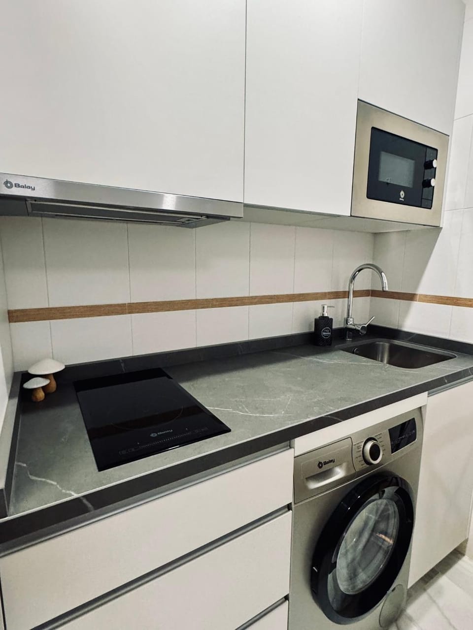 Kitchen or kitchenette, stove, washing machine