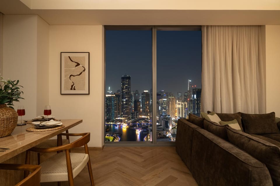Night, Living room, Seating area, Dining area, City view