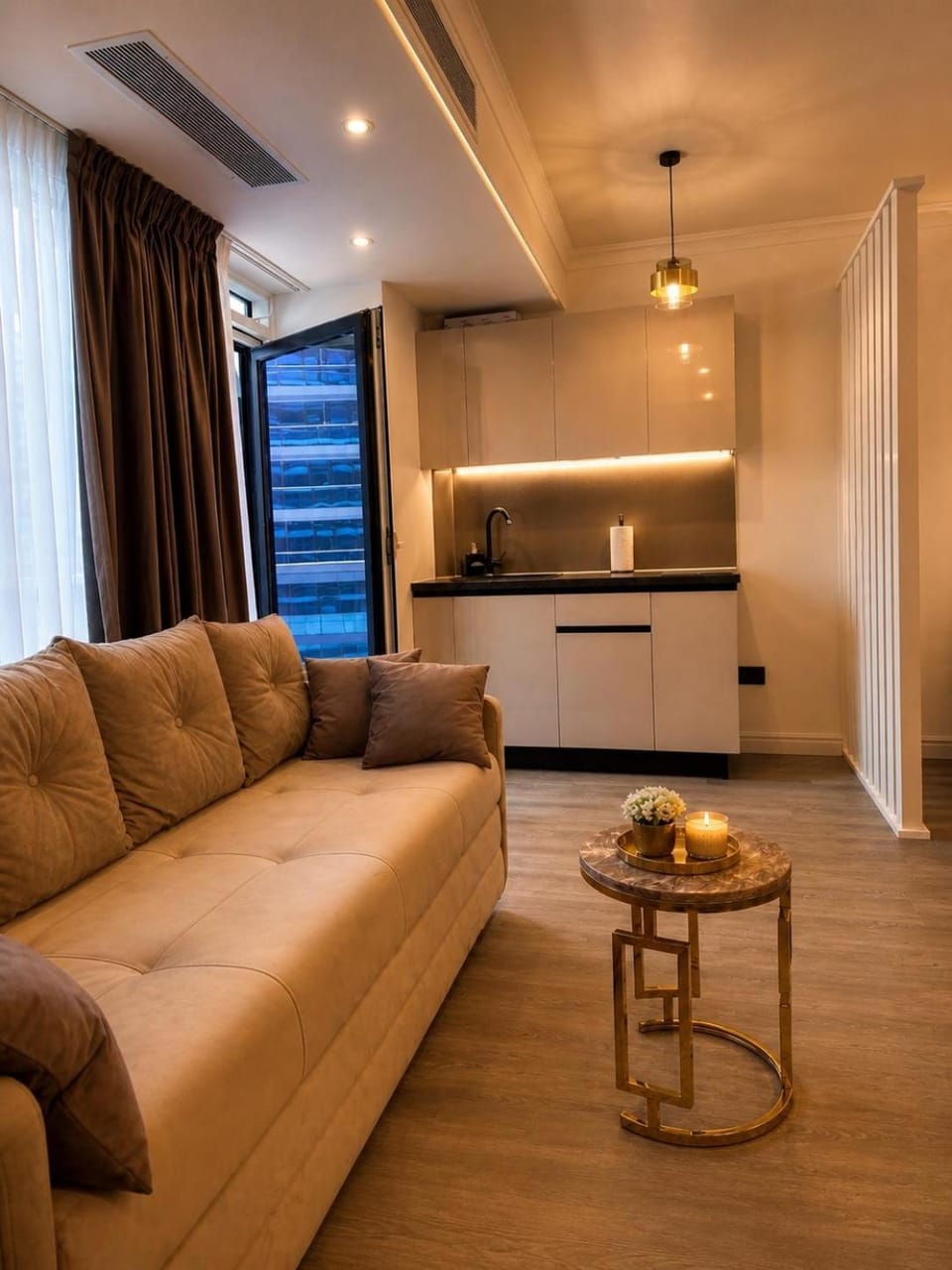 Kitchen or kitchenette, Living room, Seating area