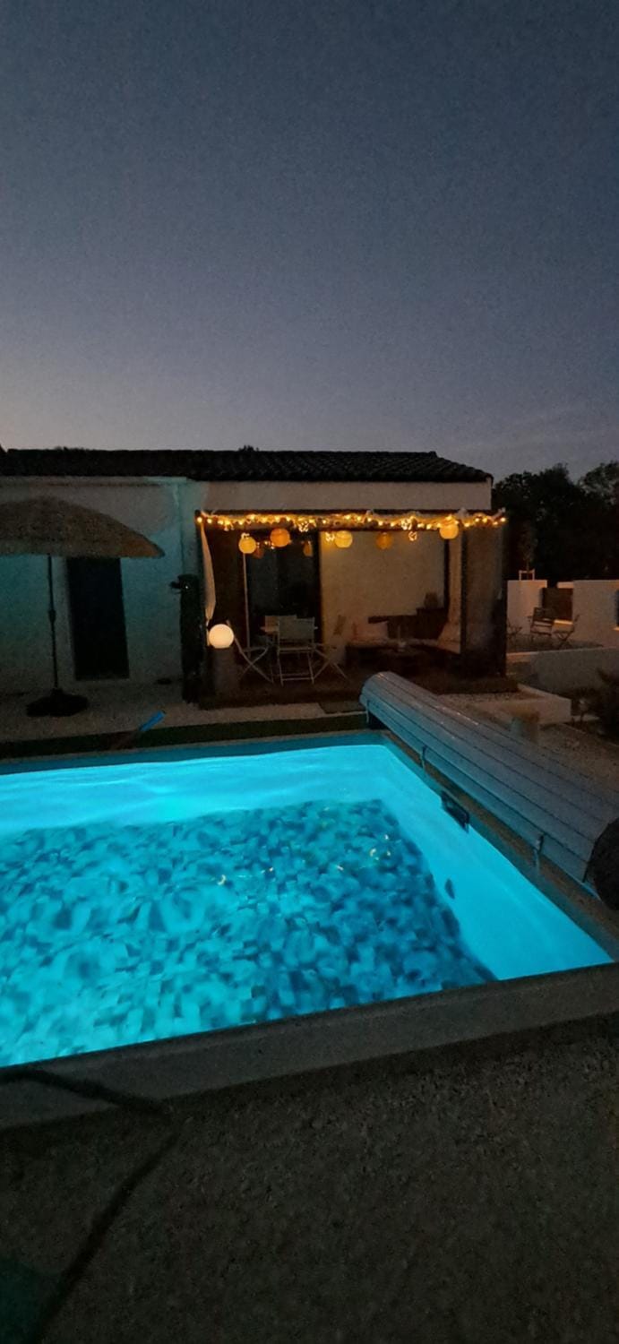 Patio, Night, Decorative detail, Swimming pool