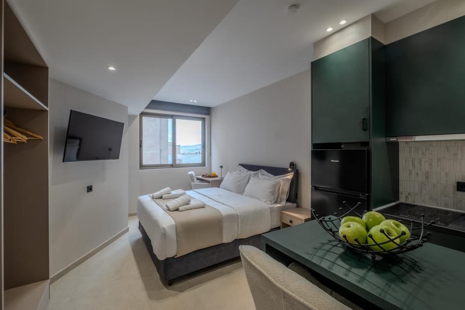 Bed, TV and multimedia, Kitchen or kitchenette, Photo of the whole room, Bedroom, towels