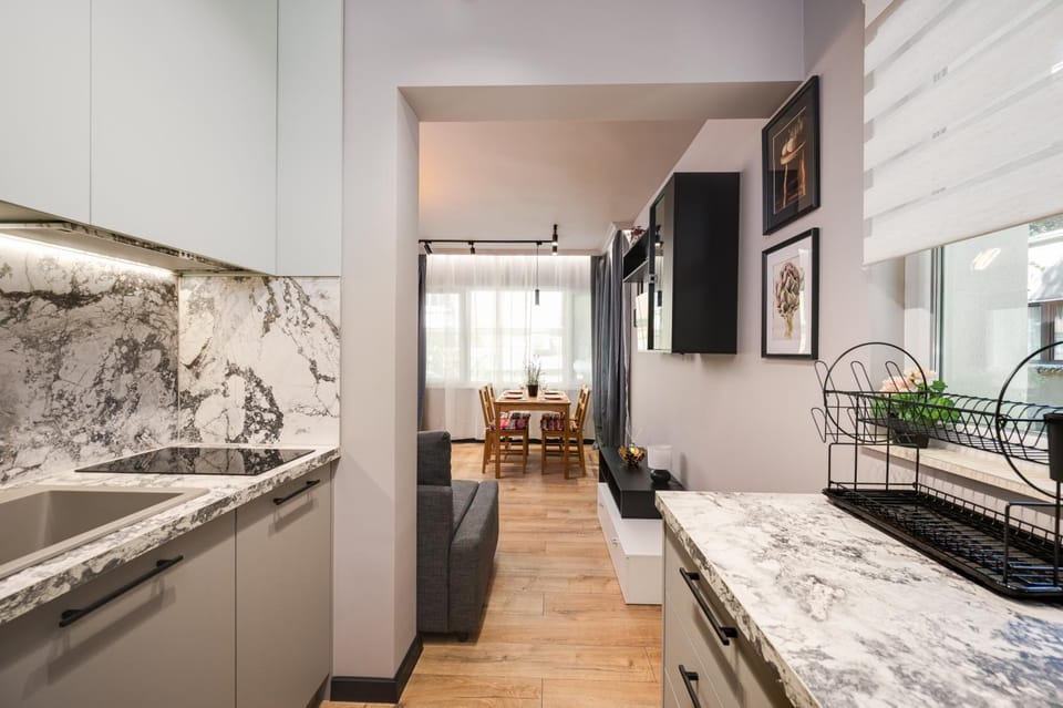 Kitchen or kitchenette, dishwasher, oven, stove
