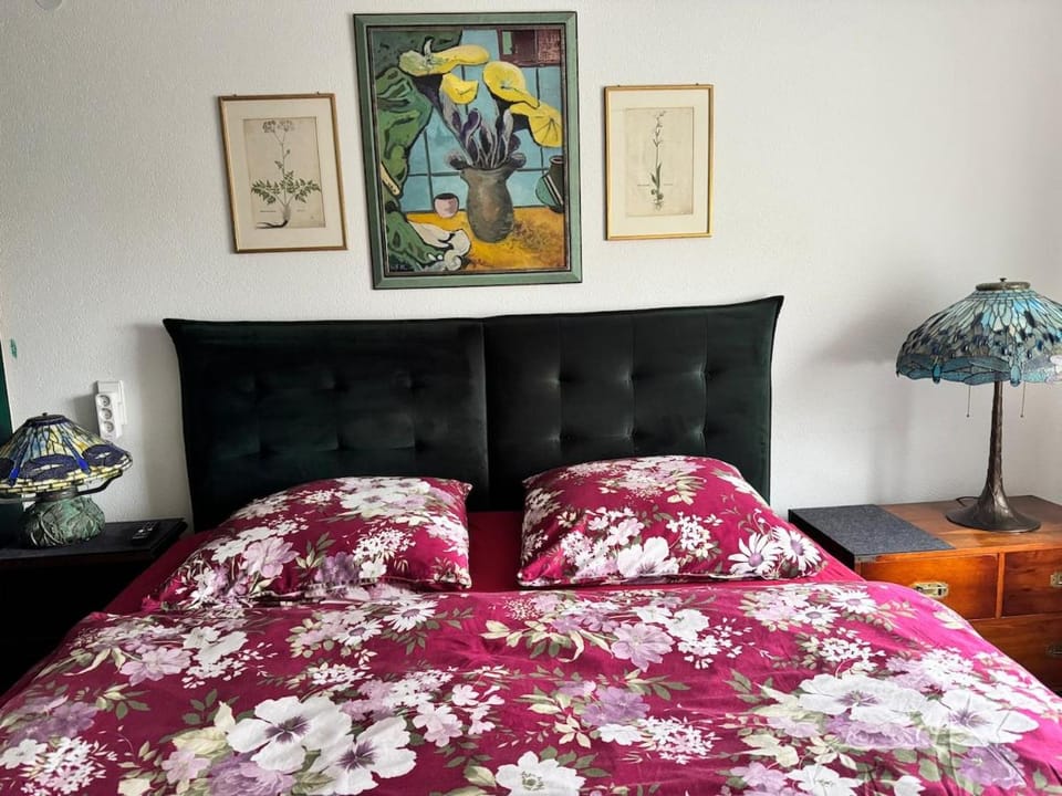 Bed, Decorative detail, Bedroom, Garden view