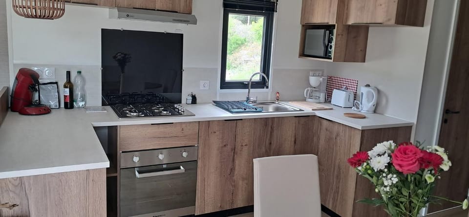 Coffee/tea facilities, Kitchen or kitchenette, Dining area, stove, toaster