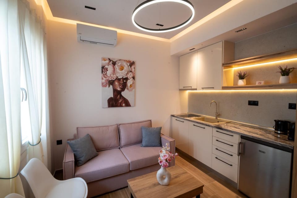 Kitchen or kitchenette, Living room, Seating area, stove