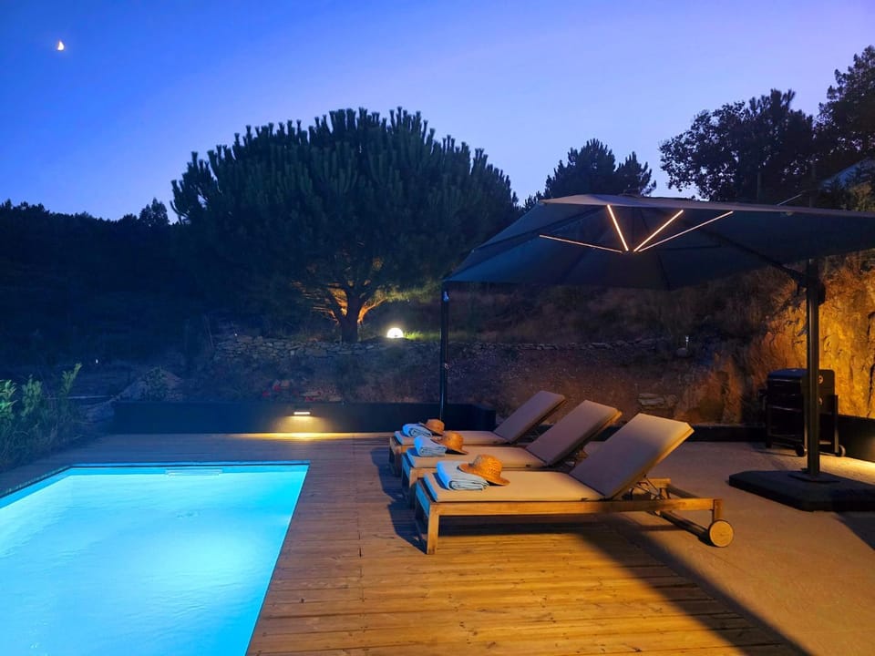 Night, Pool view, Swimming pool, sunbed