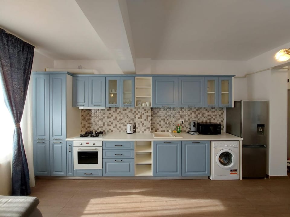 Kitchen or kitchenette, oven, stove, washing machine