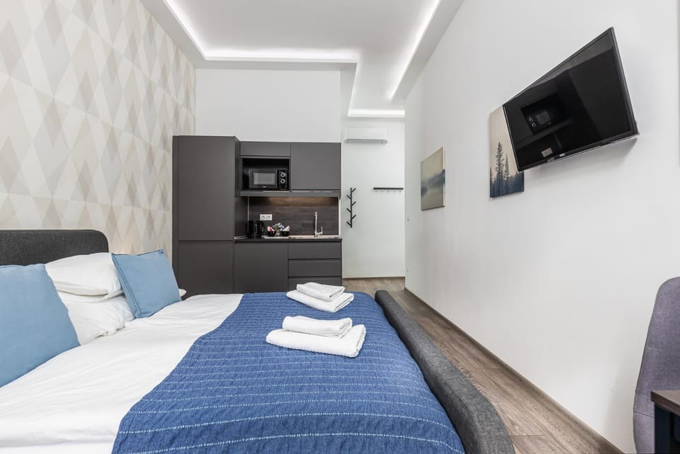Bed, TV and multimedia, Kitchen or kitchenette, Photo of the whole room, Bedroom, towels, air conditioner