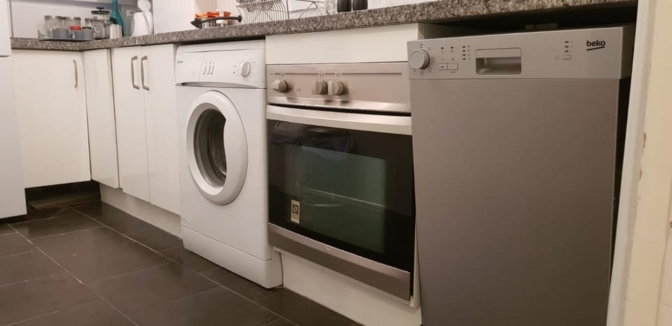 Kitchen or kitchenette, dishwasher, oven, stove, washing machine