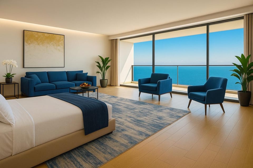 Bed, Natural landscape, TV and multimedia, Living room, Photo of the whole room, Seating area, Bedroom, Sea view