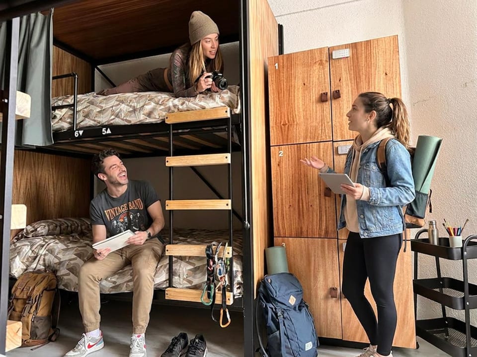 People, group of guests, bunk bed