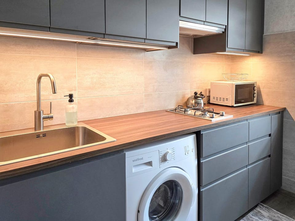 Kitchen or kitchenette, oven, stove, washing machine