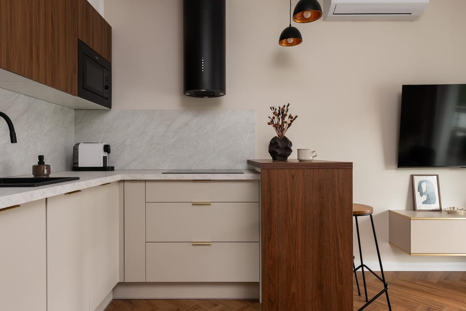 Kitchen or kitchenette, stove