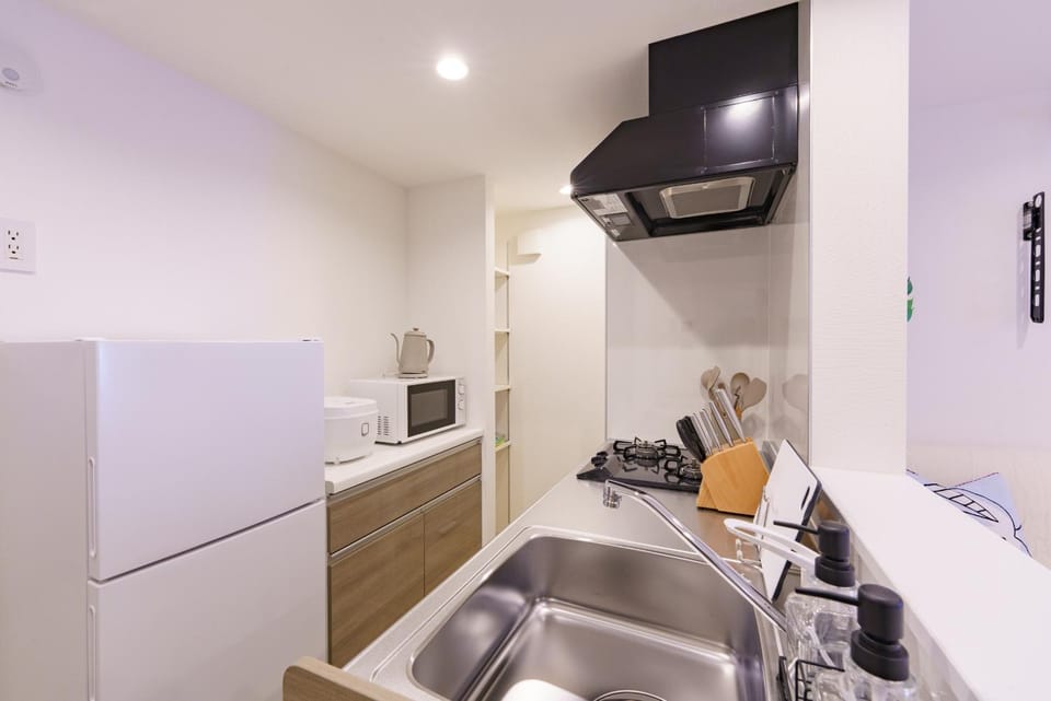 Kitchen or kitchenette, microwave, stove