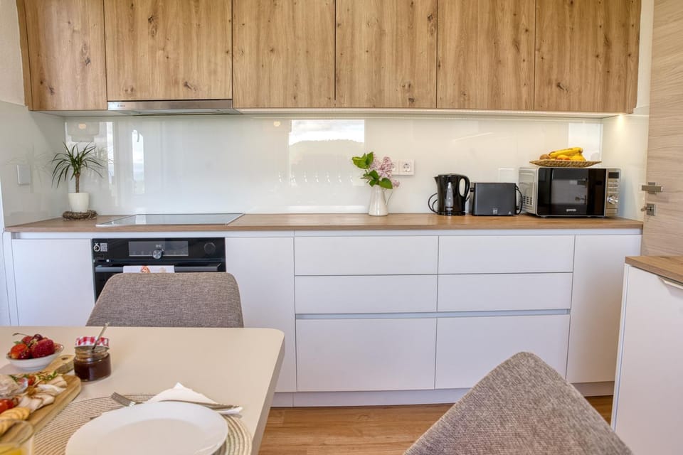 Kitchen or kitchenette, stove