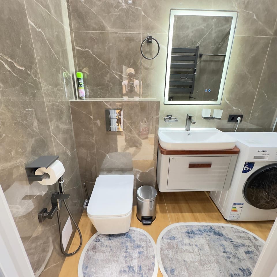 Shower, Toilet, towels, washing machine