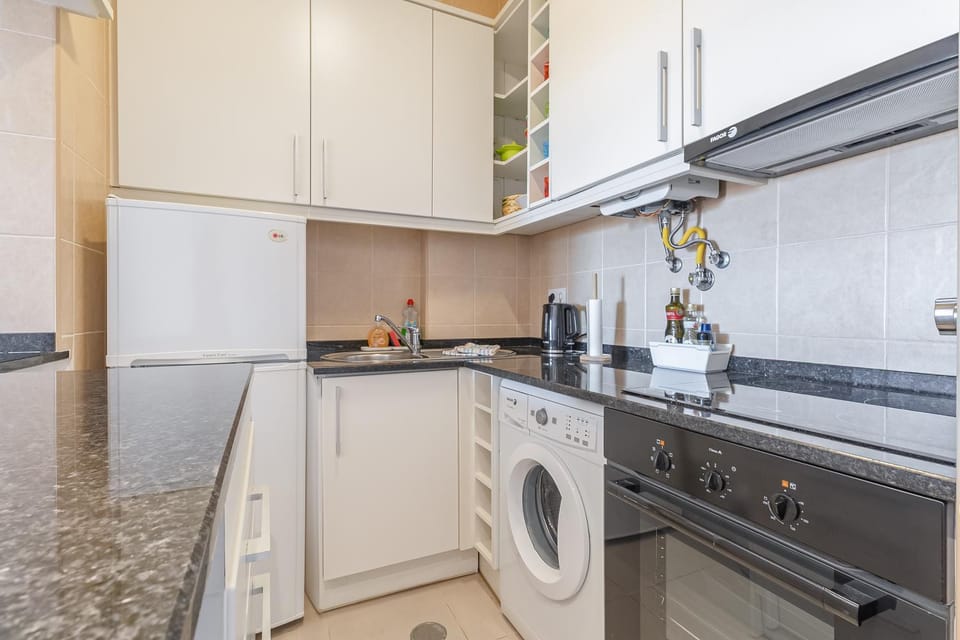 Kitchen or kitchenette, oven, stove, washing machine