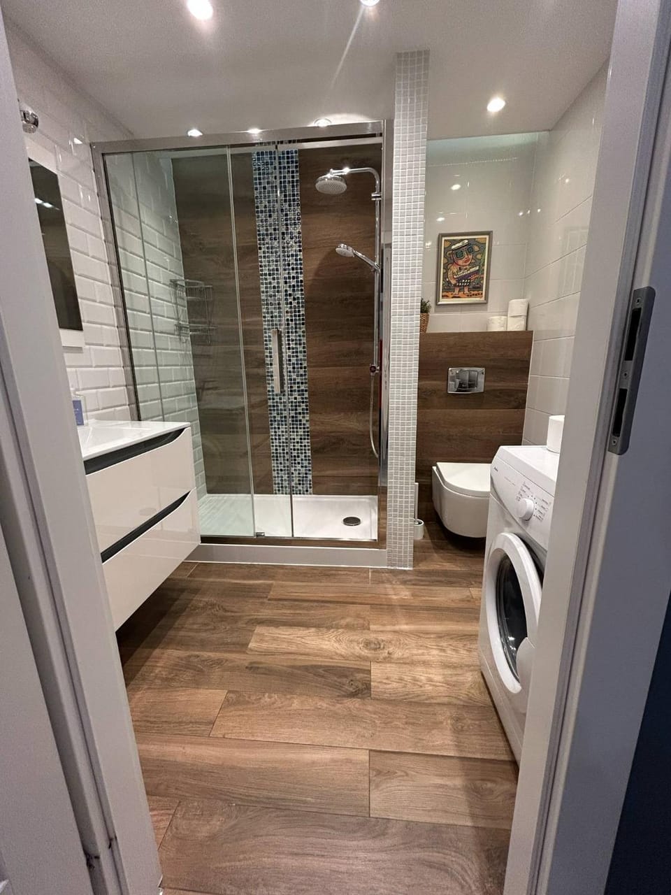 Shower, Toilet, towels, washing machine, dryer