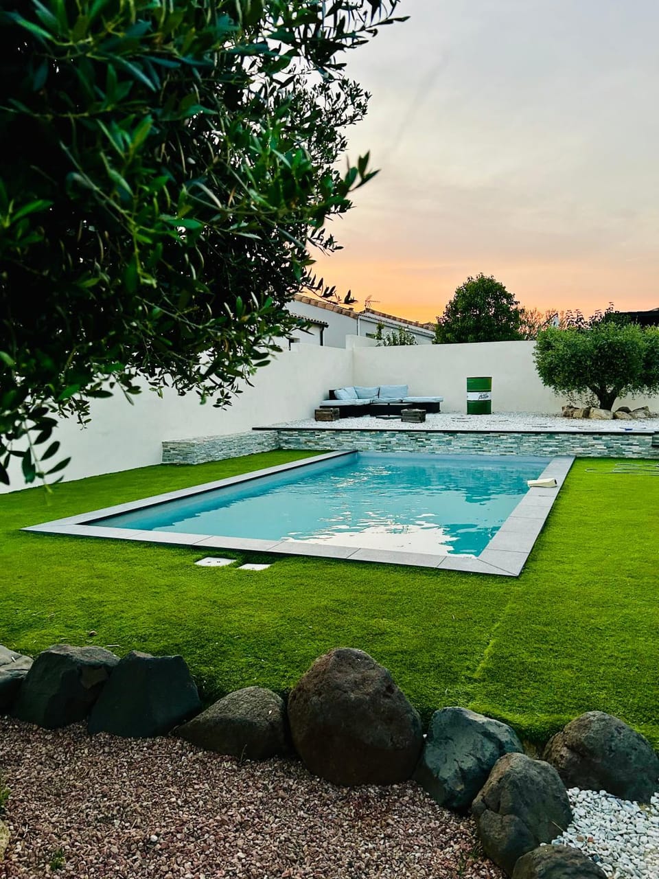 Natural landscape, Garden, Swimming pool, Sunset