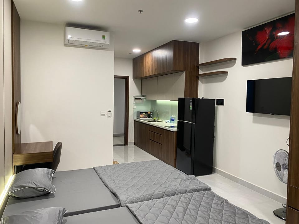 Bed, TV and multimedia, Kitchen or kitchenette, Living room, Photo of the whole room, Seating area, Evening entertainment, Bedroom, air conditioner