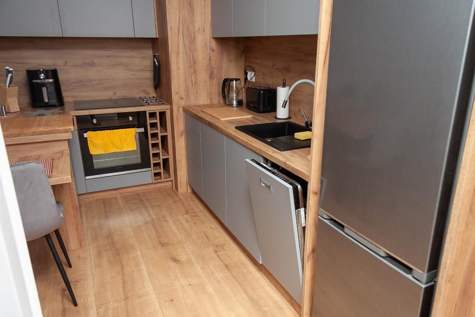 Kitchen or kitchenette, dishwasher, stove, toaster