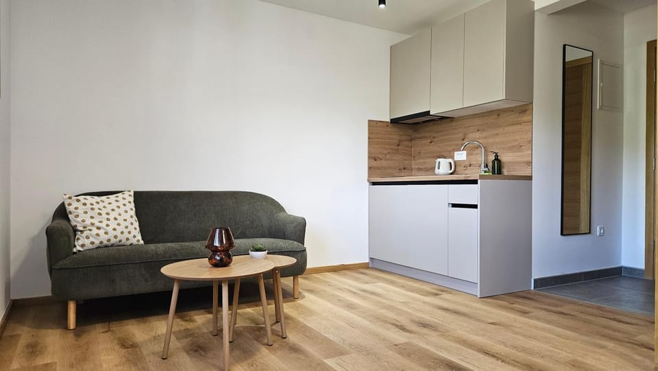 Kitchen or kitchenette, Living room, Seating area