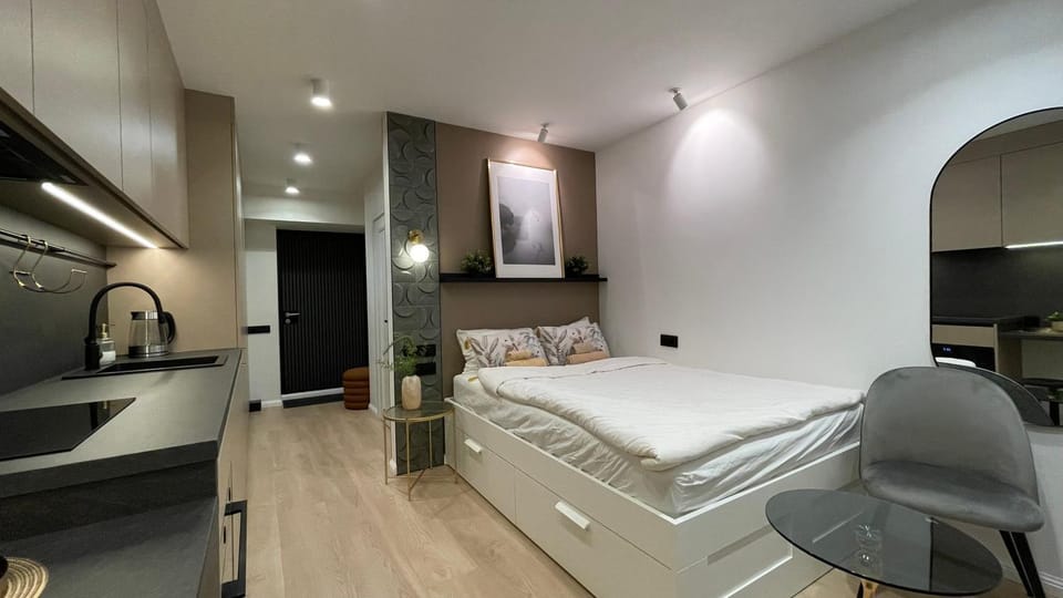 Bed, Kitchen or kitchenette, Living room, Photo of the whole room, Seating area, Bedroom