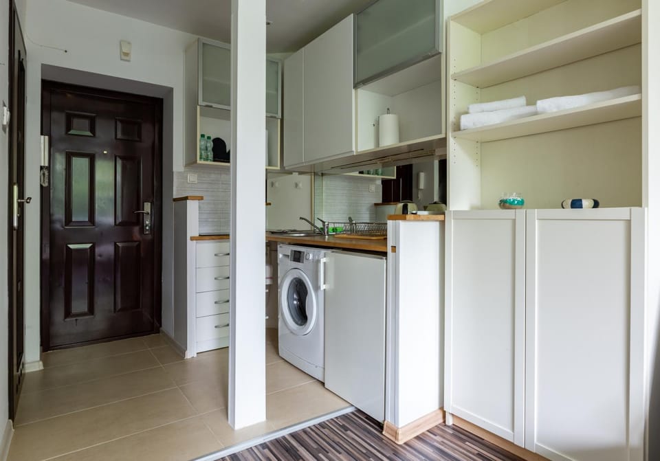 Kitchen or kitchenette, oven, stove, washing machine