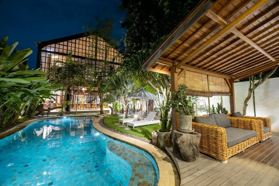 Property building, Night, Garden, Garden view, Pool view