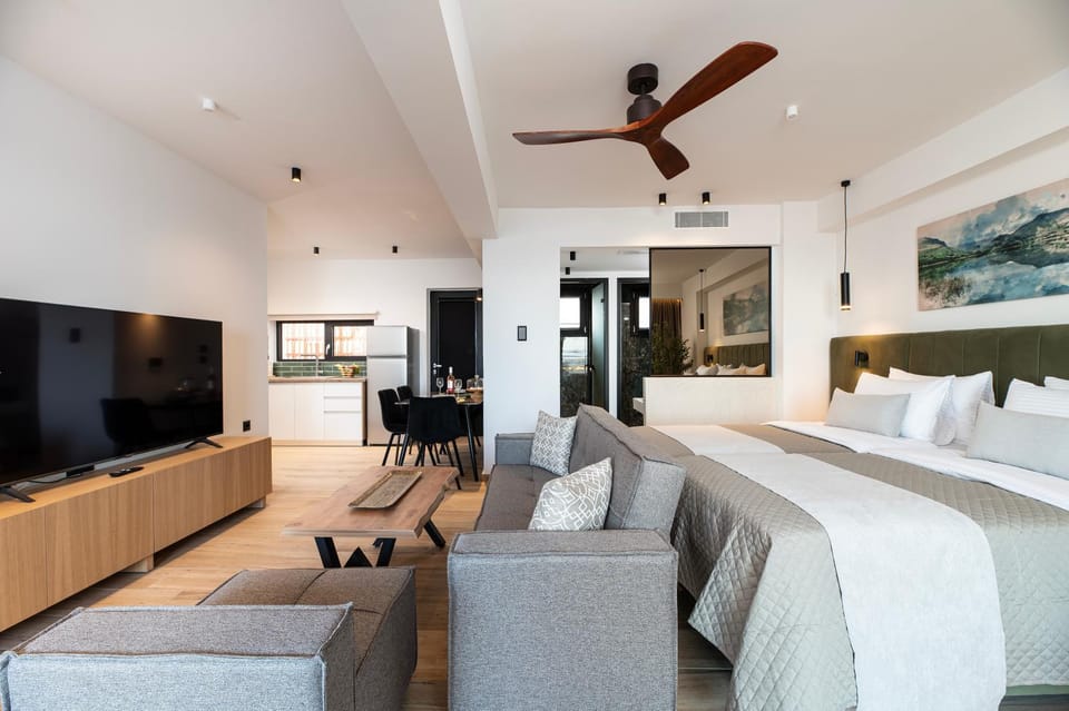 Bed, TV and multimedia, Living room, Seating area, Bedroom