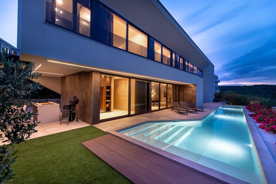 Property building, Night, Swimming pool
