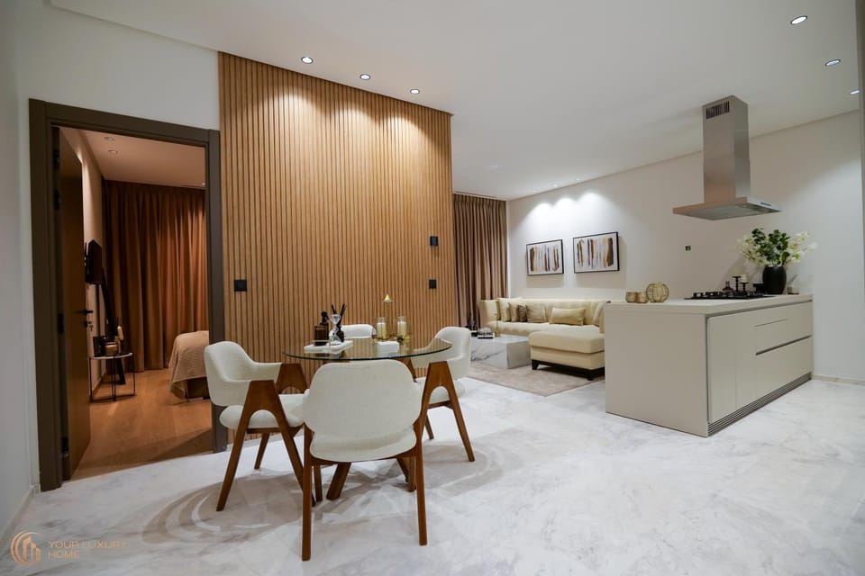 Kitchen or kitchenette, Living room, Seating area, Dining area
