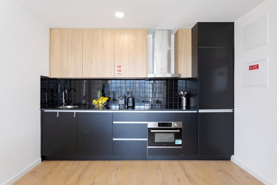 Kitchen or kitchenette, dishwasher, oven, stove