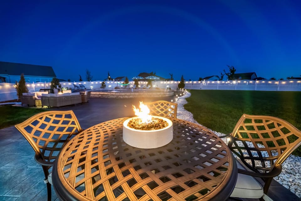 Patio, Night, Seating area, fireplace