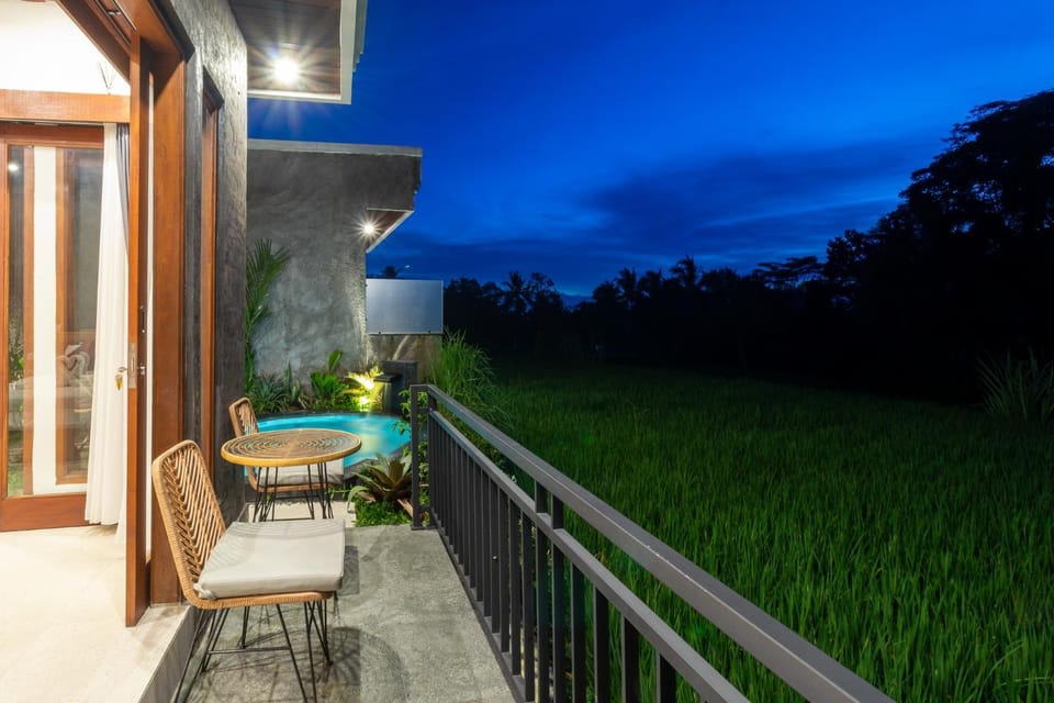 Property building, Patio, Night, Natural landscape, Garden, View (from property/room), Balcony/Terrace, Dining area, Garden view, Pool view, Swimming pool