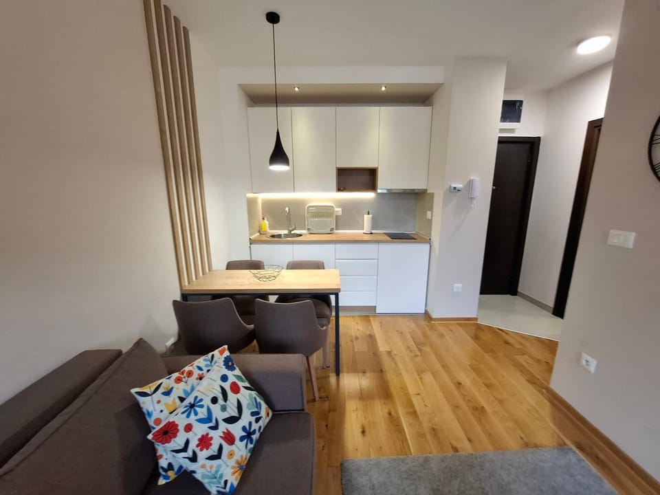 Kitchen or kitchenette, Living room, Seating area, Dining area